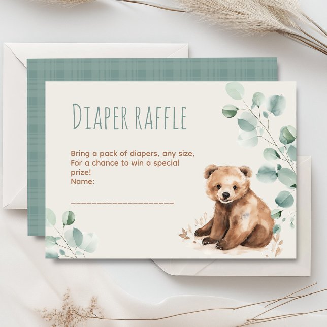 Cute forest leaves bear baby shower enclosure  card (Dusty blue and beige watercolor peonies floral baby shower invitation, gender neutral)