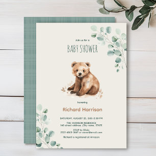 Cute forest leaves bear baby shower invitation