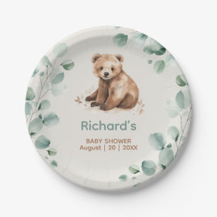 Cute forest leaves bear baby shower invitation paper plate