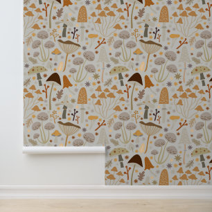 Cute Forest Mushrooms Warm Gold Sage Green Nature Wallpaper