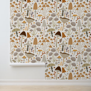 Cute Forest Mushrooms Warm Neutrals Cream Nature Wallpaper
