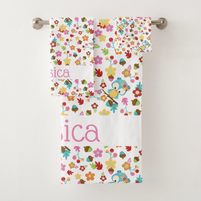 Cute Forest Owl Floral Baby Girl Personalised Name Bath Towel Set (Insitu)