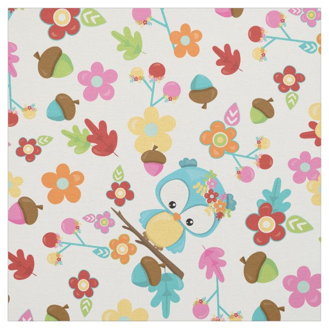 Cute Forest Owl Flowers & leaves Kawaii Girls Fabric (Swatch)