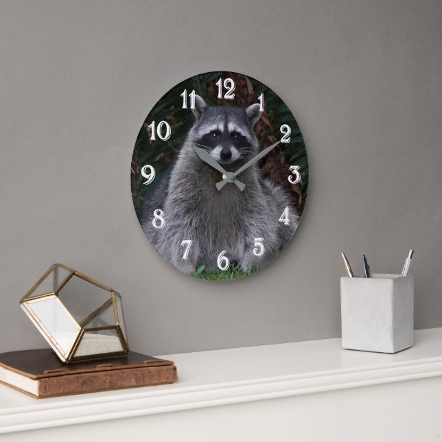 Cute Forest Racoon Wildlife Photo Large Clock (Office)