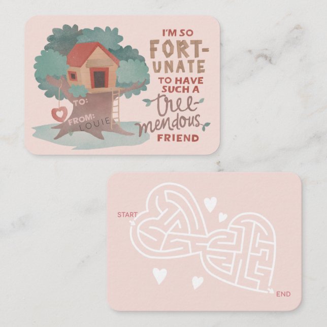 Cute, Fort-unate Treehouse classroom Valentine Card (Front/Back)