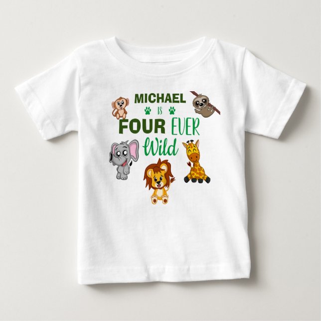 Cute Four Ever Wild Jungle Safari Fourth Birthday Baby T-Shirt (Front)