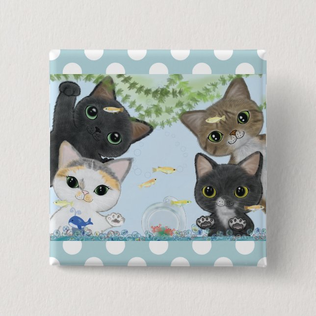 Cute Four Medaka Cats 15 Cm Square Badge (Front)
