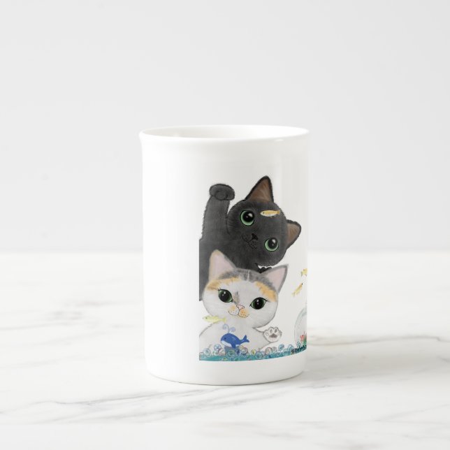 Cute Four Medaka Cats Bone China Mug (Front)