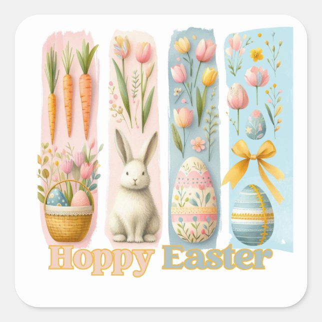 Cute Four Vertical Brash Watercolor Hoppy Easter Square Sticker (Front)