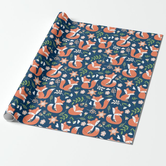 Cute Fox and Floral Wrapping Paper (Unrolled)