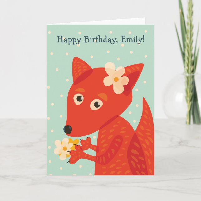 Cute Fox And Flowers Happy Birthday Name Card (Front)