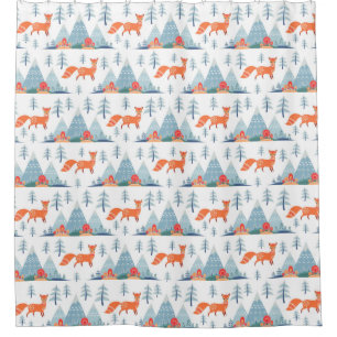 Cute Fox and Mountains Pattern Illustration Shower Curtain