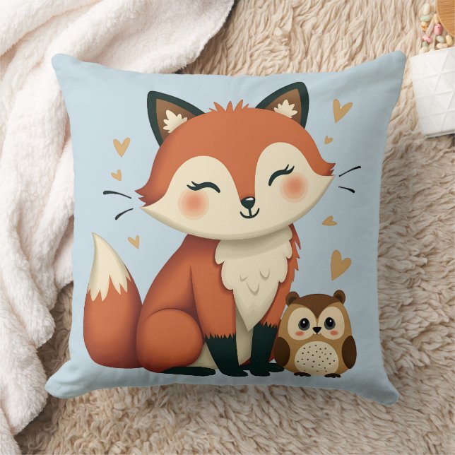 Cute Fox and Owl Whimsical Woodland Illustration Cushion (Blanket)
