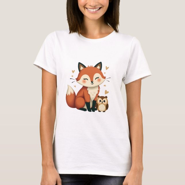 Cute Fox and Owl Whimsical Woodland Illustration T-Shirt (Front)