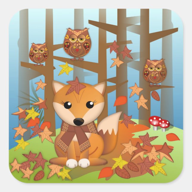 Cute fox and owls in autumn square sticker (Front)