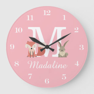 Cute Fox And Rabbit Baby Girl Monogram Pink  Large Clock
