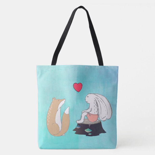 Cute Fox and Rabbit Woodland Creatures Drawing Tote Bag (Front)