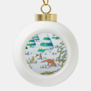 cute fox and rabbits christmas snow scene ceramic ball christmas ornament