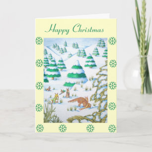 cute fox and rabbits christmas snow scene holiday card