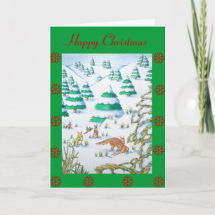 cute fox and rabbits christmas snow scene holiday card