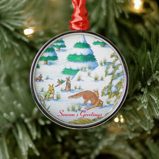 cute fox and rabbits christmas snow scene metal tree decoration (Tree)