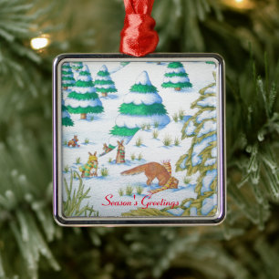 cute fox and rabbits christmas snow scene metal tree decoration