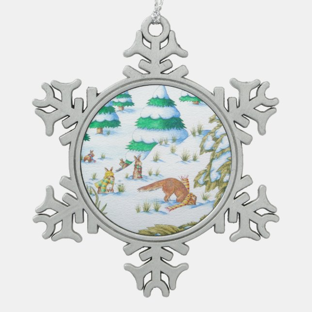cute fox and rabbits christmas snow scene snowflake pewter christmas ornament (Front)