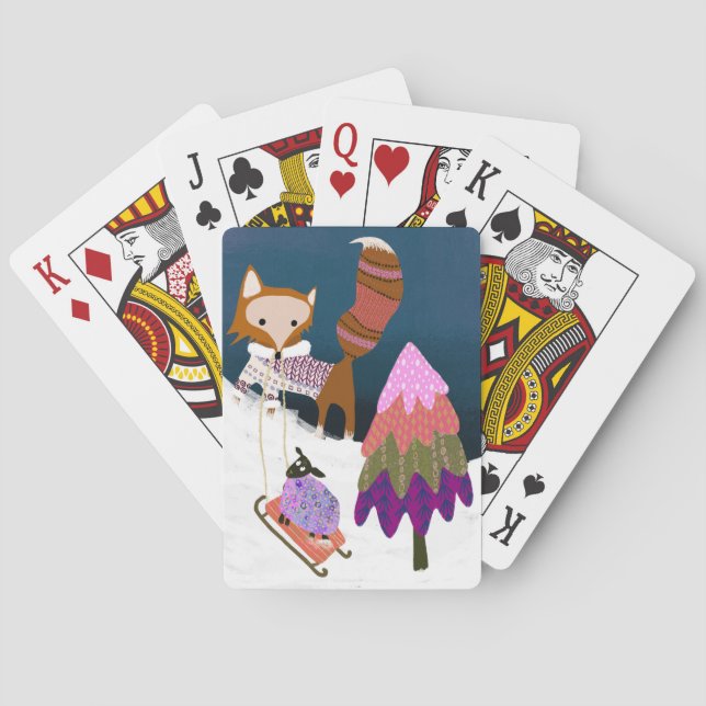 Cute Fox and Sheep Winter Scene Playing Cards (Back)