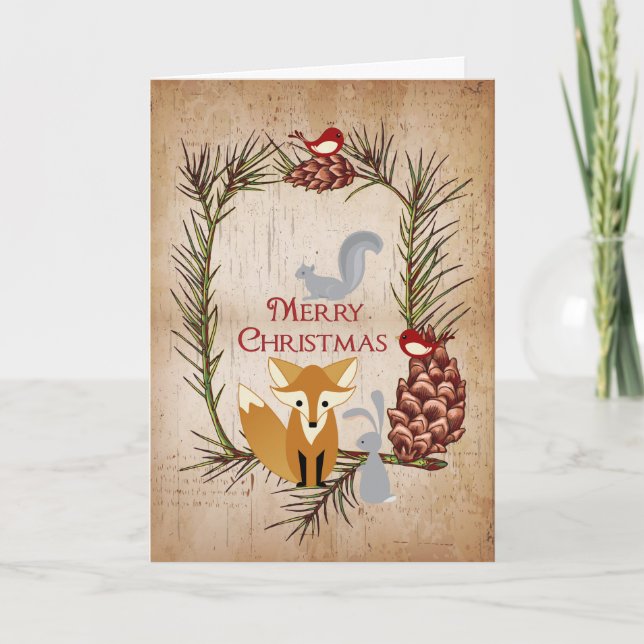 Cute Fox and Woodland Animals Merry Christmas Holiday Card (Front)