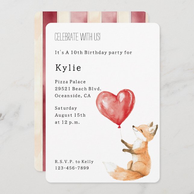 Cute Fox Animal Heart Balloon Birthday   Invitation (Front/Back)