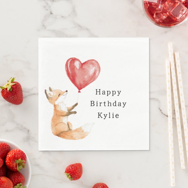 Cute Fox Animal Heart Balloon Birthday Napkin (Insitu)