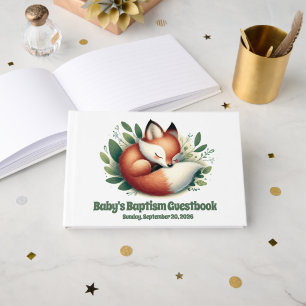 Cute Fox Asleep in Leaves Baby Baptism Guest Book