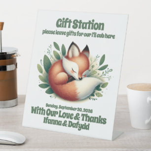 Cute Fox Asleep in Leaves Baby Shower Gift Sign
