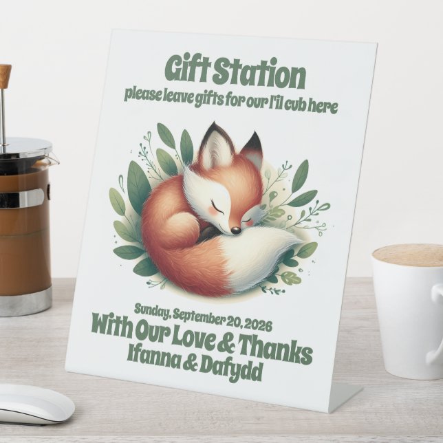 Cute Fox Asleep in Leaves Baby Shower Gift Sign (In SItu)