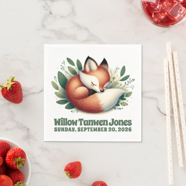 Cute Fox Asleep in Leaves Baby Shower Napkin (Insitu)