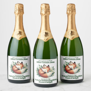 Cute Fox Asleep in Leaves Baby Shower Sparkling Wine Label