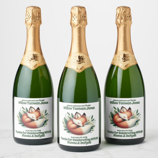 Cute Fox Asleep in Leaves Baby Shower Sparkling Wine Label (Bottles)