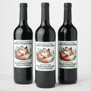 Cute Fox Asleep in Leaves Baby Shower Wine Label