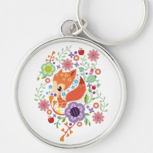 Cute Fox Baby Art Animal With Floral Key Ring