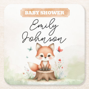 Cute fox baby shower square paper coaster
