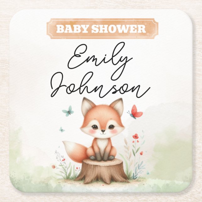 Cute fox baby shower  square paper coaster (Front)