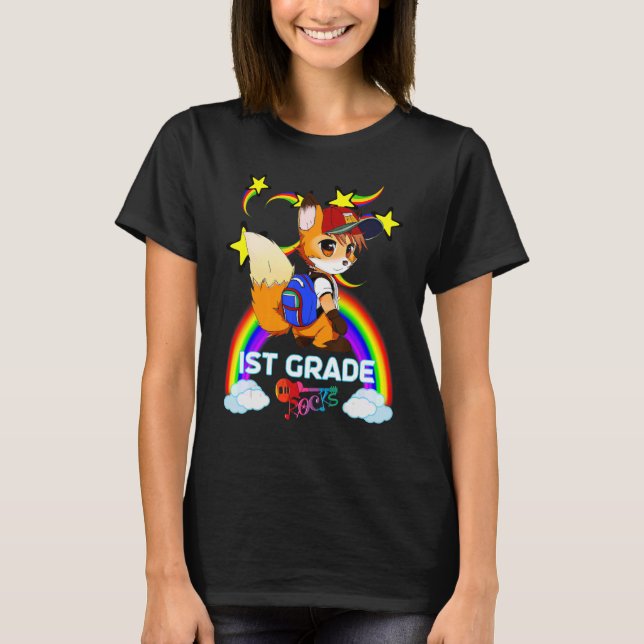 Cute Fox Backpack Baseball Cap Rainbow 1ST GRADE R T-Shirt (Front)