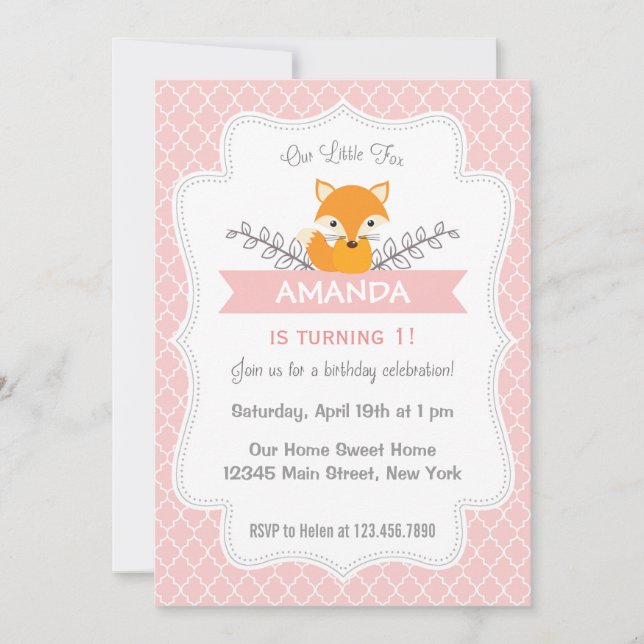 Cute Fox Birthday Invitation Pink (Front)