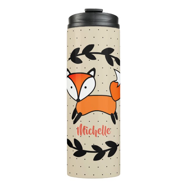 Cute Fox & Black Laurels Polka Dotted Personalised Thermal Tumbler (Front)