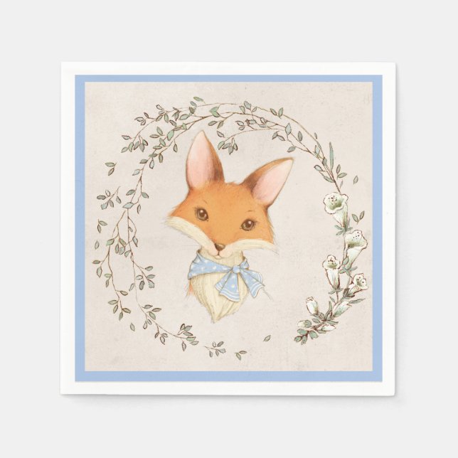 Cute Fox Blue Floral Boy Napkin (Front)