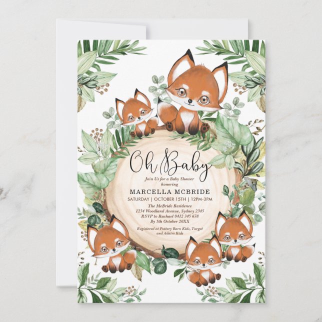 Cute Fox Botanical Greenery Neutral Baby Shower Invitation (Front)