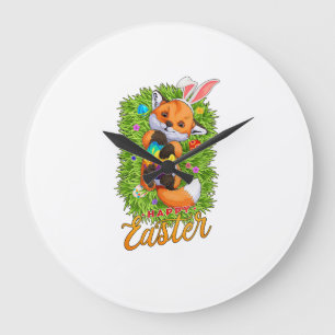 Cute Fox Bunny Ears Happy Easter Fox with Easter E Large Clock