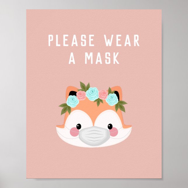 Cute Fox Character Floral Wear A Mask Pink Covid Poster (Front)