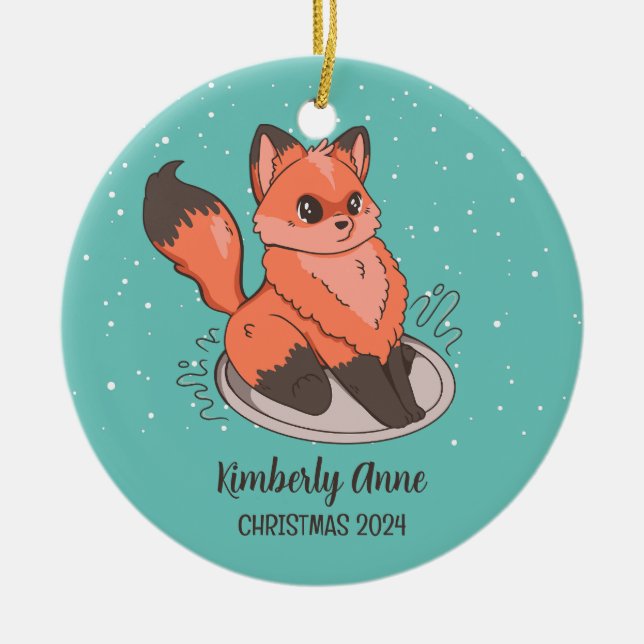 Cute Fox Christmas Snowy Winter Holiday Ceramic Tree Decoration (Front)