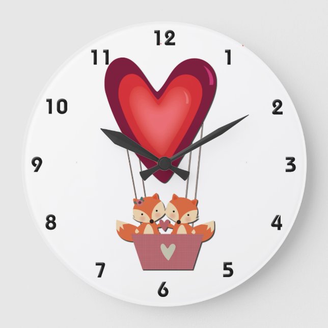 Cute Fox Couple in Heart Air Balloon Large Clock (Front)